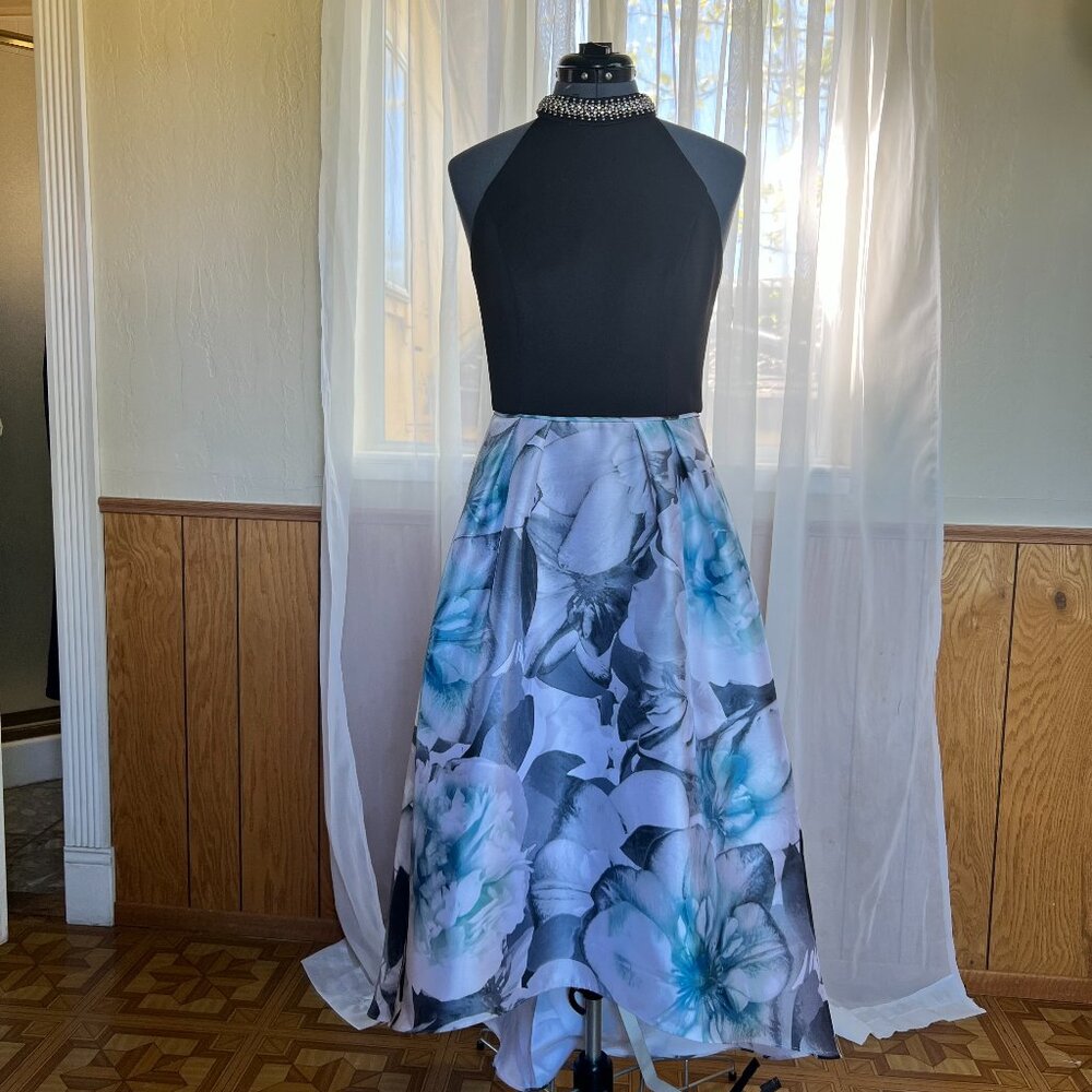 SLNY Halter Black and Navy Formal High-Low Dress